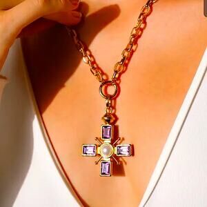 Gold Amethyst Pearl Cross Pendant Necklace Stainless Steel Gold Plated